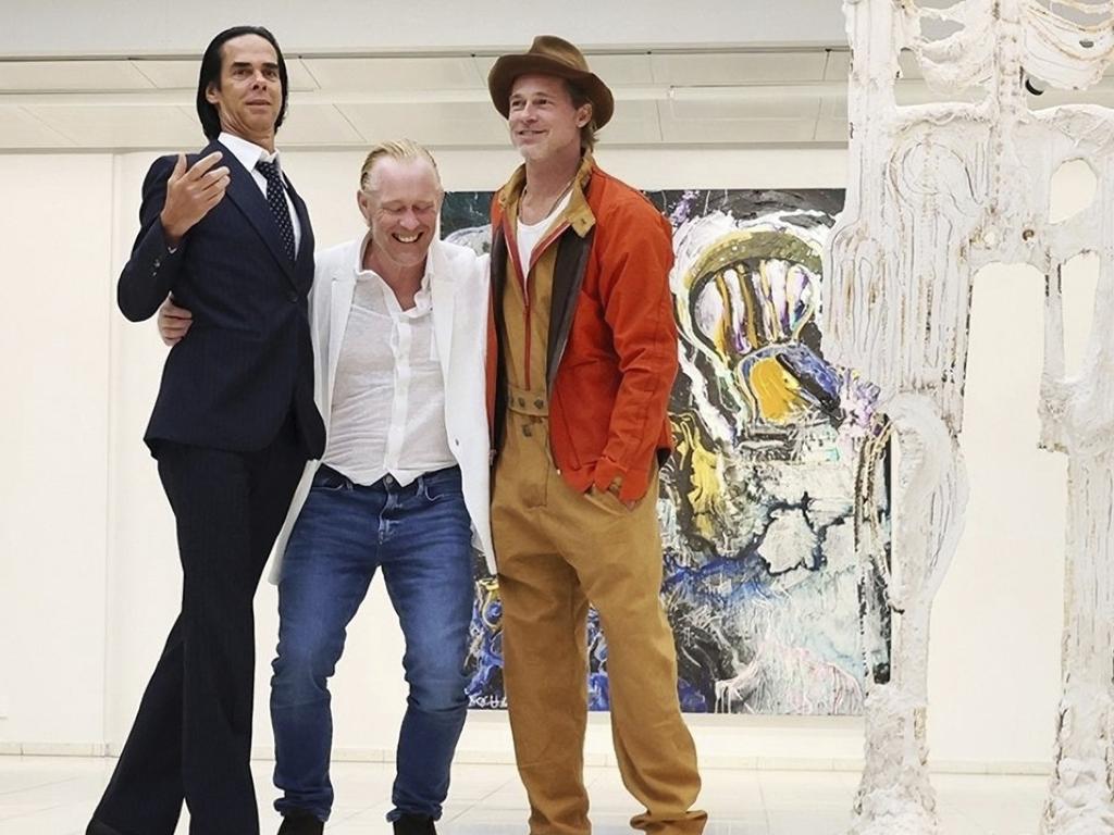 Nick Cave, Thomas Houseago and Brad Pitt at their art exhibition in Finland.