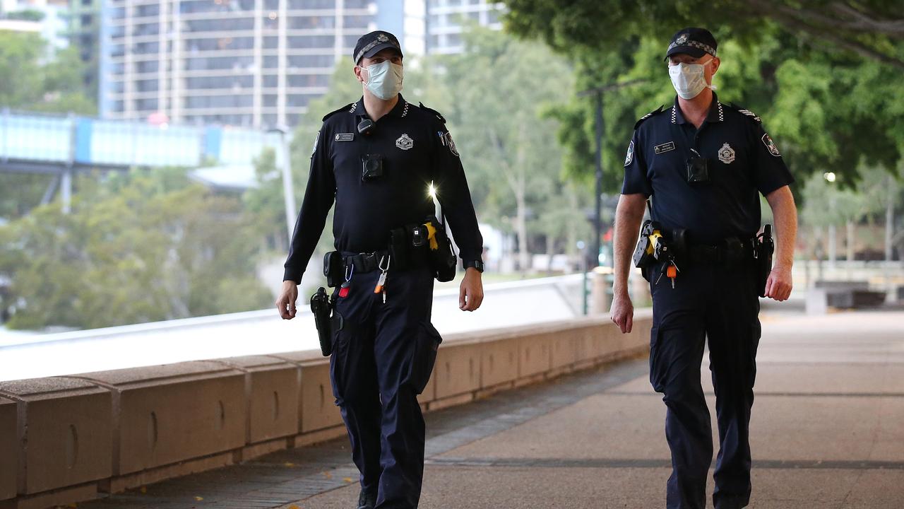 Police officers patrol the Southbank precinct as a three-day lockdown begins. Photo by Jono Searle/Getty Images)