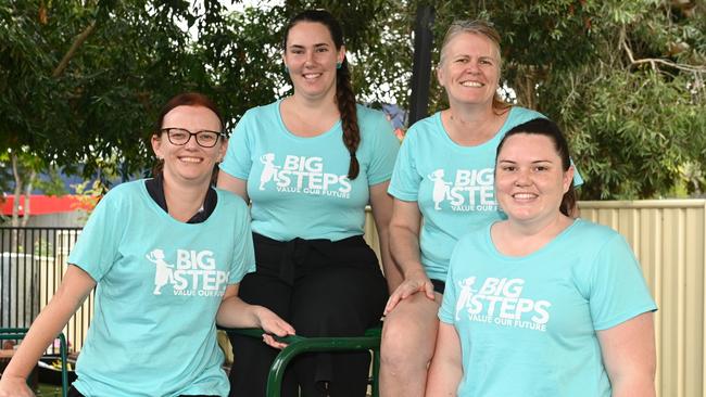 Kellie Bettridge, Rachel Williams, Jaimie Schusser and Wendy Edwards are fighting for a 25 per cent wage increase as part of the Big Steps campaign. Picture: Michaela Harlow