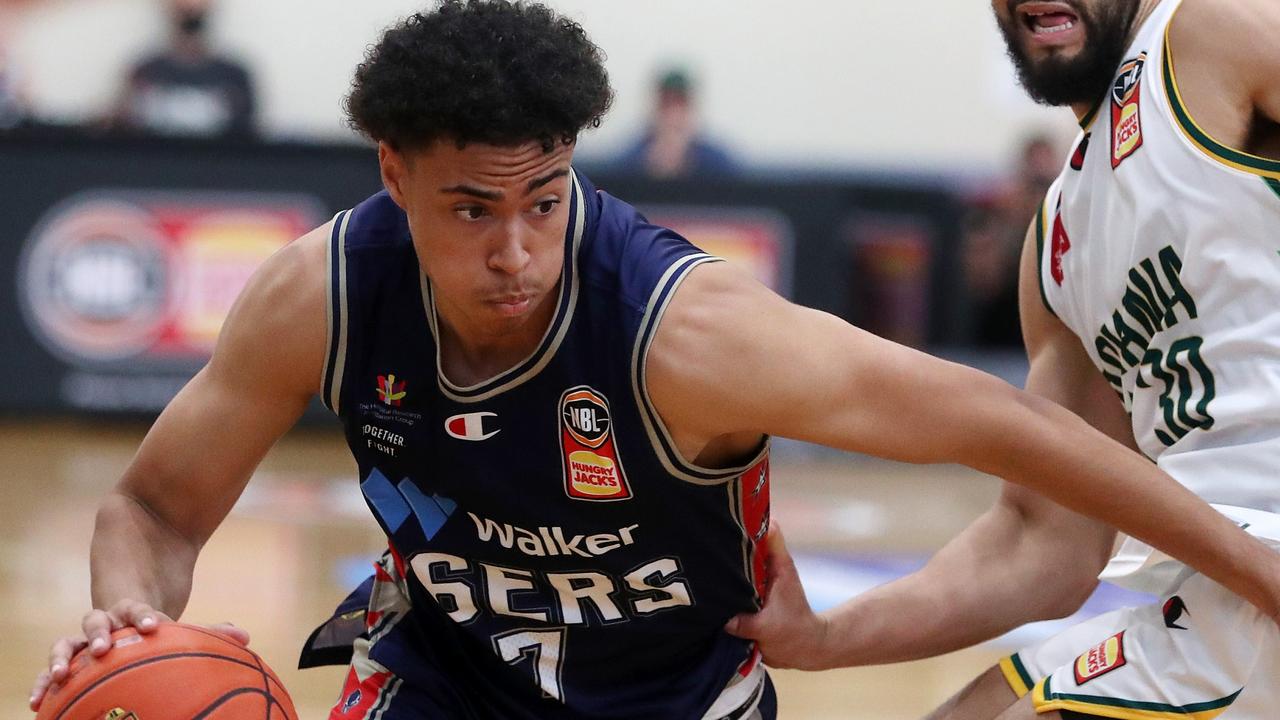 DEVONPORT, AUSTRALIA - NOVEMBER 21: Mojave King of the 36ers and Sam McDaniel of the Jack Jumpers during the NBL Blitz match between Adelaide 36ers and Tasmania Jackjumpers at Ulverstone Sports &amp; Leisure Centre on November 21, 2021, in Devonport, [COUNTRY}. (Photo by Sarah Reed/Getty Images)