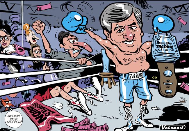 Cartoonist Jos Valdman's take on Treasurer Rob Lucas claiming a "knockout" win in Boxing Day trading.