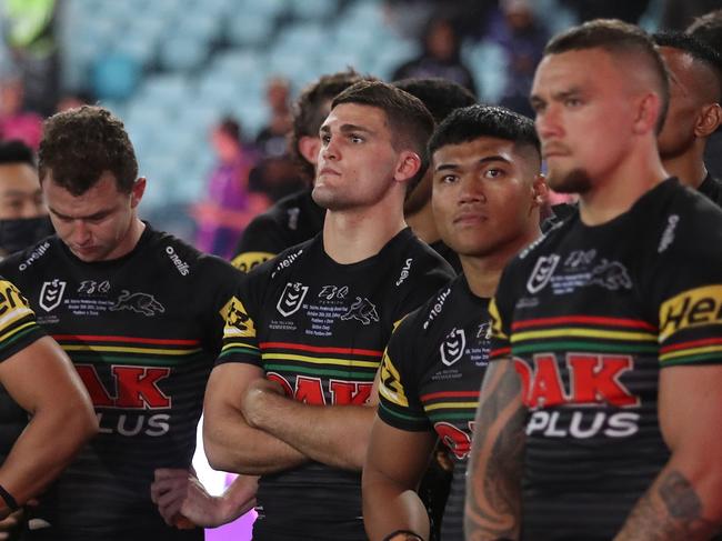 Dejected Penrith players after the 2020 NRL Grand Final between the Penrith Panthers and Melbourne Storm at ANZ Stadium, Homebush. Picture: Brett Costello