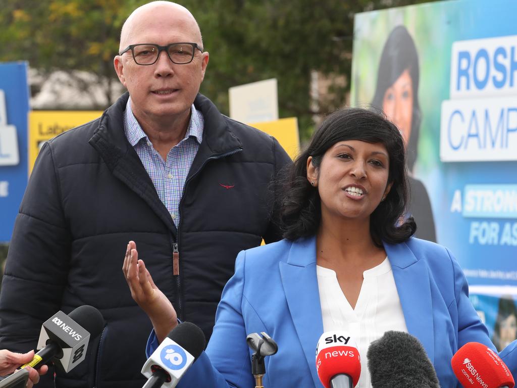 Peter Dutton and Roshena Campbell went back to basics in the Aston by-election. Picture: David Crosling