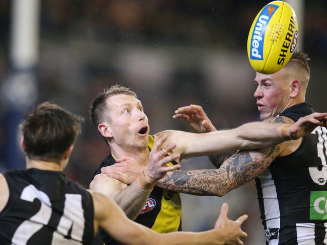 Richmond’s Dylan Grimes put his name in front of All Australian selectors’ faces with a dominant defensive performance against the Pies. Picture: Michael Klein