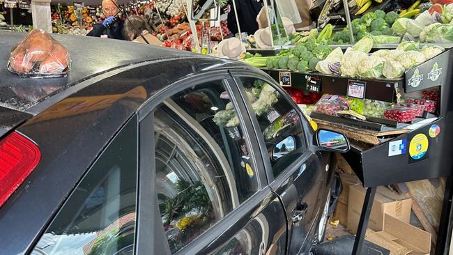 A car smashed into the front of Nick's Green Grocer at the Kerrimuir shopping strip on Middleborough Rd on November 16. Picture: Supplied.