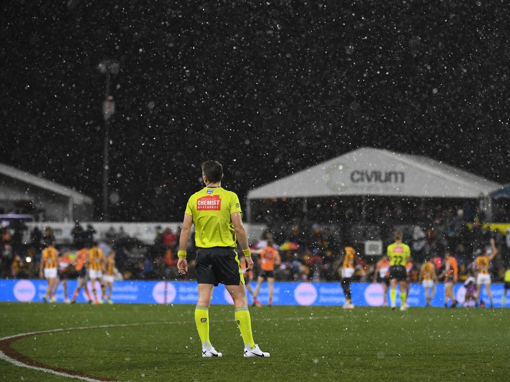 Snow is seen falling during the Round 21 AFL match between the GWS Giants and the Hawthorn Hawks at the UNSW Canberra Oval in Canberra, August 9, 2019. Pic: AAP