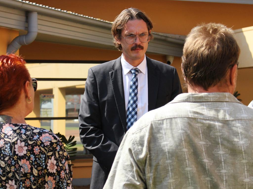 Counsel assisting the Coroner Michael McCarthy speaks with family members of Shane Tapp outside the Katherine Local Court on Tuesday. Picture: Jason Walls