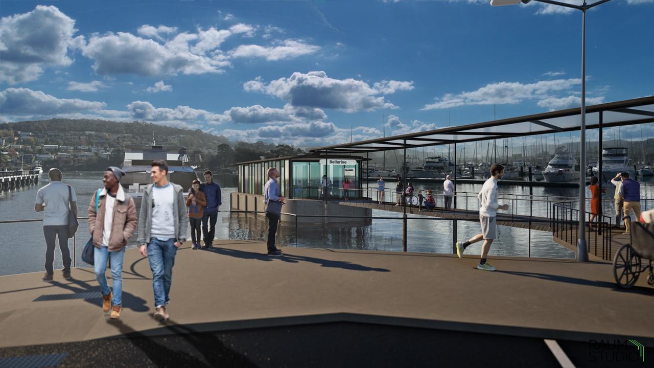 Concept design of the upgraded Bellerive Derwent Ferry terminal. The design is set to be replicated across all new terminals planned along the river. Picture: Supplied