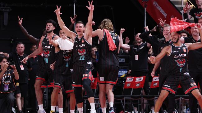 Hawks celebrate winning game three. Picture: Matt King/Getty Images