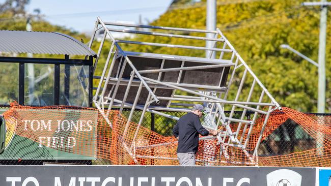 Police are investigating the cause of the fatal scaffolding collapse at Mitchelton Football Club. Picture: Richard Walker