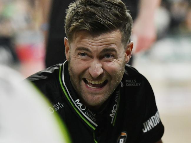 LAUNCESTON, AUSTRALIA - NOVEMBER 01: Josh King, Head Coach of the Phoenix speaks during a timeout during the round seven NBL match between Tasmania Jackjumpers and South East Melbourne Phoenix at Silverdome, on November 01, 2024, in Launceston, Australia. (Photo by Simon Sturzaker/Getty Images)