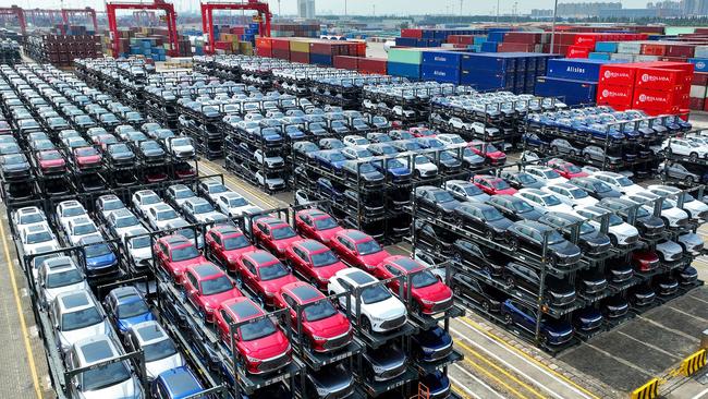 BYD electric cars waiting to be loaded at Suzhou Port, in China’s eastern Jiangsu Province. Picture: AFP