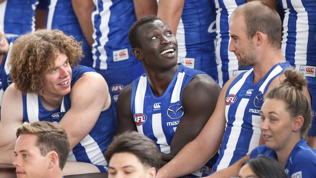 Majak Daw with Ben Brown and Ben Cunnington. Picture: David Caird