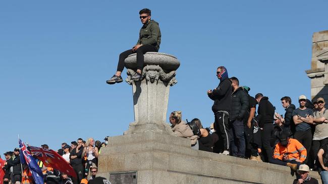 Protesters on the steps of the Shrine of Remembrance on September 22. Picture: AFP