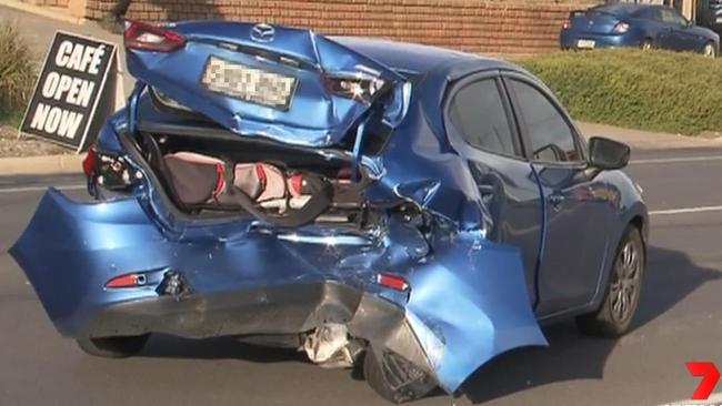 After stealing a Ford Mondeo, the suspect crashed it into a Mazda nearby on O’Sullivan Beach Road at Lonsdale before fleeing on foot. Picture: 7NEWS