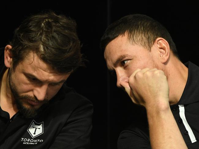 Sonny Bill Williams with teammate Jon Wilkin at press conference with their new rugby league team Toronto Wolfpack. Picture: Matthew Pover