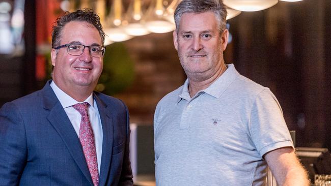 Victorian Chamber of Commerce and Industry CEO Paul Guerra with The George On Collins owner Greg Kahan. Picture: Jake Nowakowski