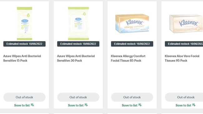 Tissues out of stock at Woolworths' website. Picture: Supplied