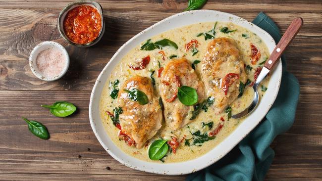 Chicken fillet with spinach and sun-dried tomatoes in coconut milk. Healthy food