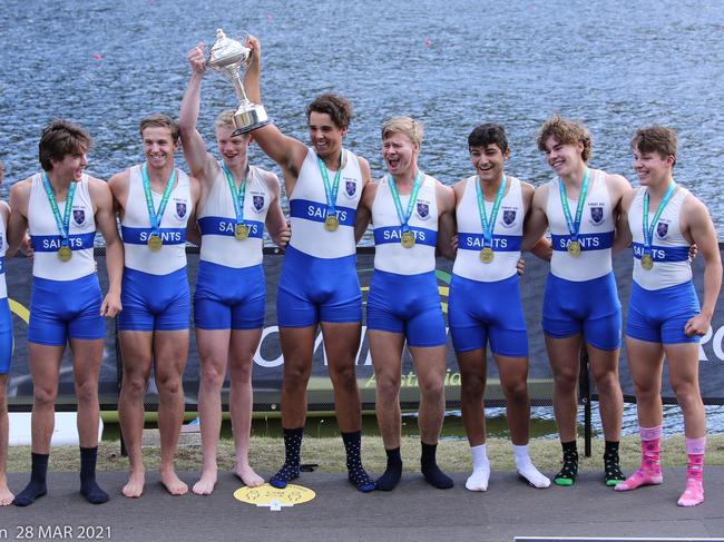 St Peter's boys VIII rowing crew celebrates after being crowned the 2021Schoolboy’s Coxed Eight National Champions in Tasmania. Picture: RichardBeale