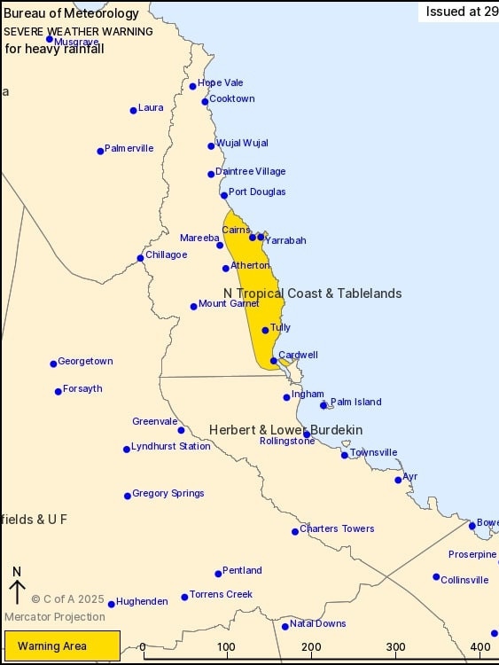 A surface low lies just off the coast north-east of Cairns, and is working with a ridge of high pressure further south to push rain areas onshore.