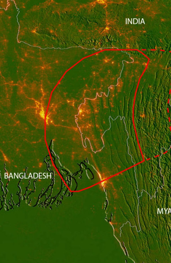 Potential quake zone. Solid red line indicates an area of about 62,000 square kilometres that could move during a subduction-zone earthquake, affecting 140 million people or more. Image: Chris Small/Lamont-Doherty Earth Observatory