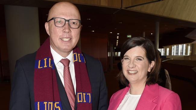 Federal Opposition Leader Peter Dutton and North Melbourne Football Club president Dr Sonja Hood on the weekend. Picture: Andrew Henshaw