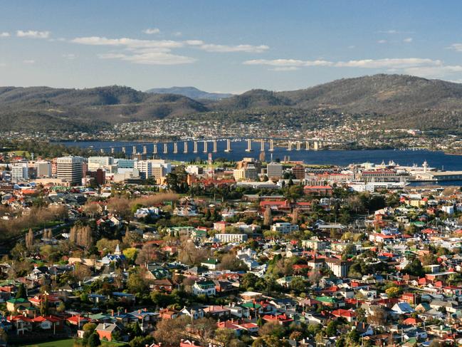 View over Hobart towards the Derwent River in Hobart, Tasmania, Australia