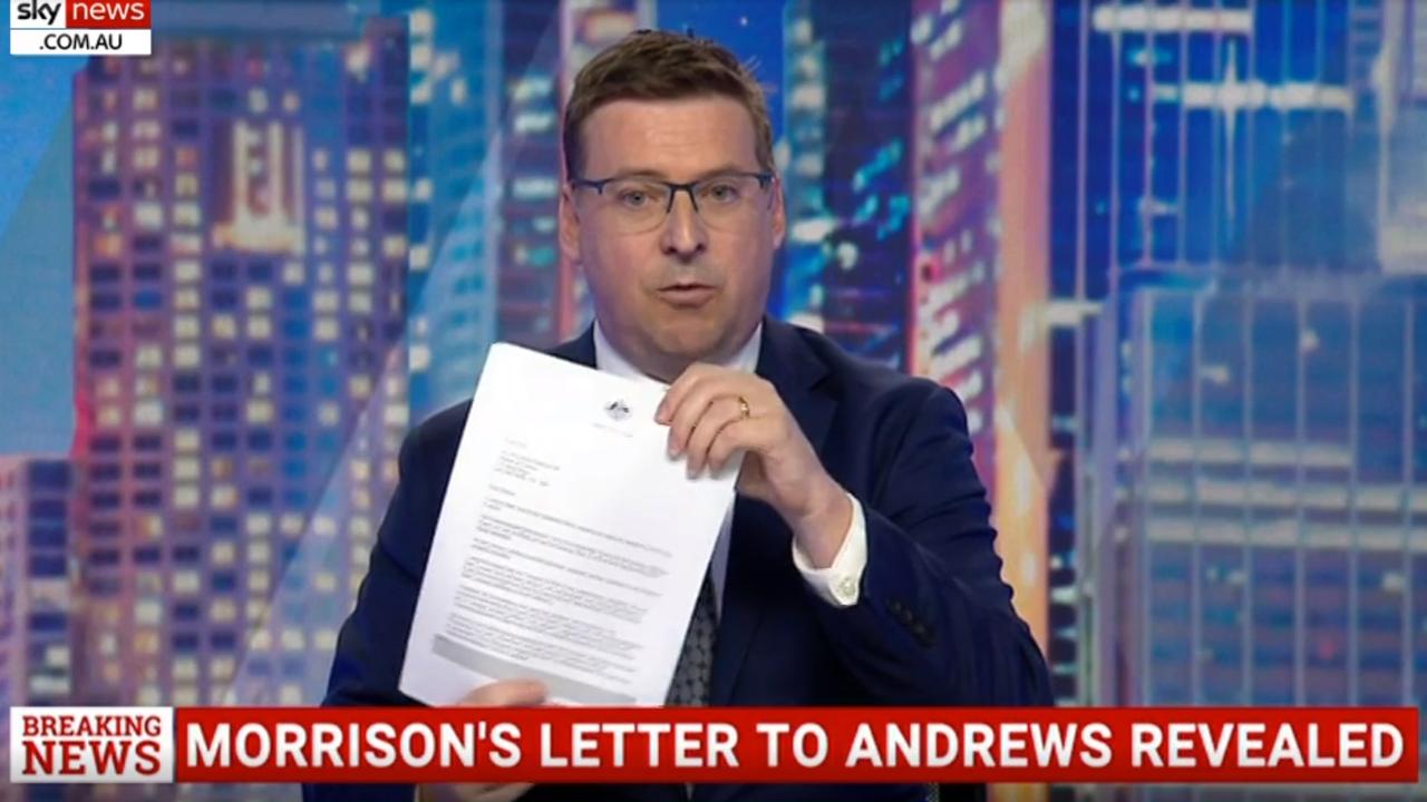 Sky News political editor Andrew Clennell with Scott Morrison's letters to Daniel Andrews offering ADF support for hotel quarantine.