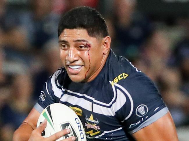 Jason Taumalolo of the Cowboys runs with the ball during the Round 1 NRL match between the North Queensland Cowboys and the Cronulla-Sutherland Sharks at 1300SMILES Stadium in Townsville, Friday, March 9, 2018. (AAP Image/Michael Chambers) NO ARCHIVING, EDITORIAL USE ONLY