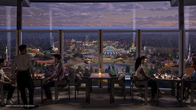 Bar Helios in the Universal Helios Grand Hotel is a sight to be seen, offering a menu of creative tapas and familiar favourites, and thoughtfully-handcrafted specialty cocktails in a location that has 360-degree views of the theme park. Photo: Universal Epic Universe