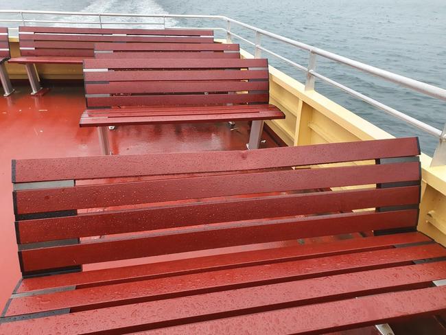 A tragic accident has been narrowly avoided after a 50-kilogram lifeboat came loose from its storage on a new Emerald ferry, smashing into and damaging empty passenger seats.