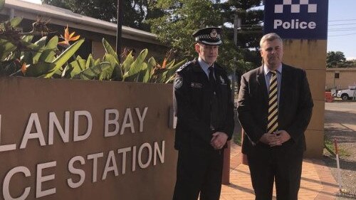 Police Minister Mark Ryan, right, vowed to look into the matter whern he visited Redland Bay police station, which is 7km away, last year. Picture: Judith Kerr