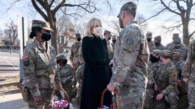 First Lady Jill Biden greets members of the National Guard with chocolate chip cookies outside the Capitol on January 22 in Washington, DC. Picture: AFP