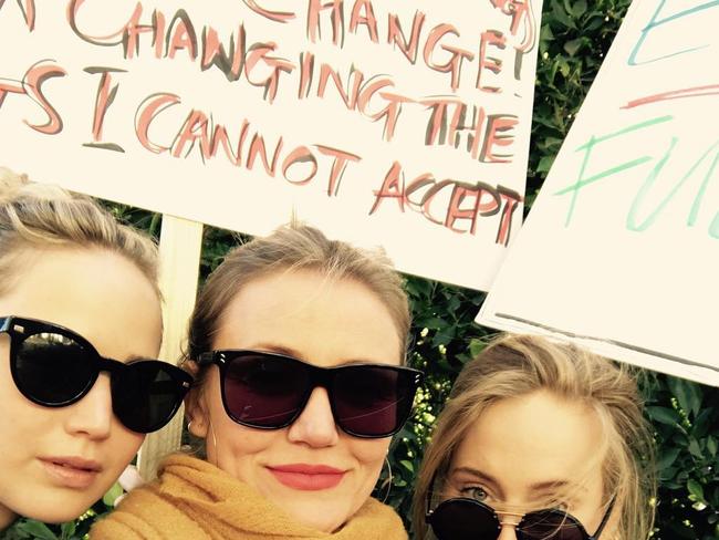 Jennifer Lawrence, Cameron Diaz and Adele at during last month’s Women's March. Picture: Instagram/@adele