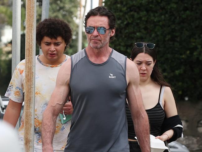 Jackman pictured with his kids Oscar and Ava, after the trio grabbed a coffee in Bondi together. Picture: Matrix Media Group