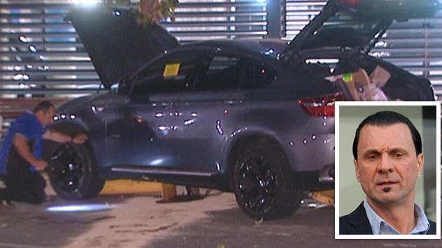 John Kizon, inset, and his crashed luxury BMW outside Perth's Sir Charles Gairdner Hospital.