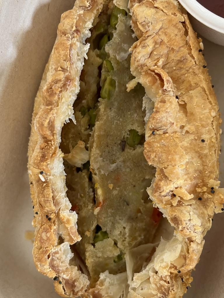 Sue’s late husband was served this unappetising vegetarian pasty served in an aged care home. Picture: Supplied