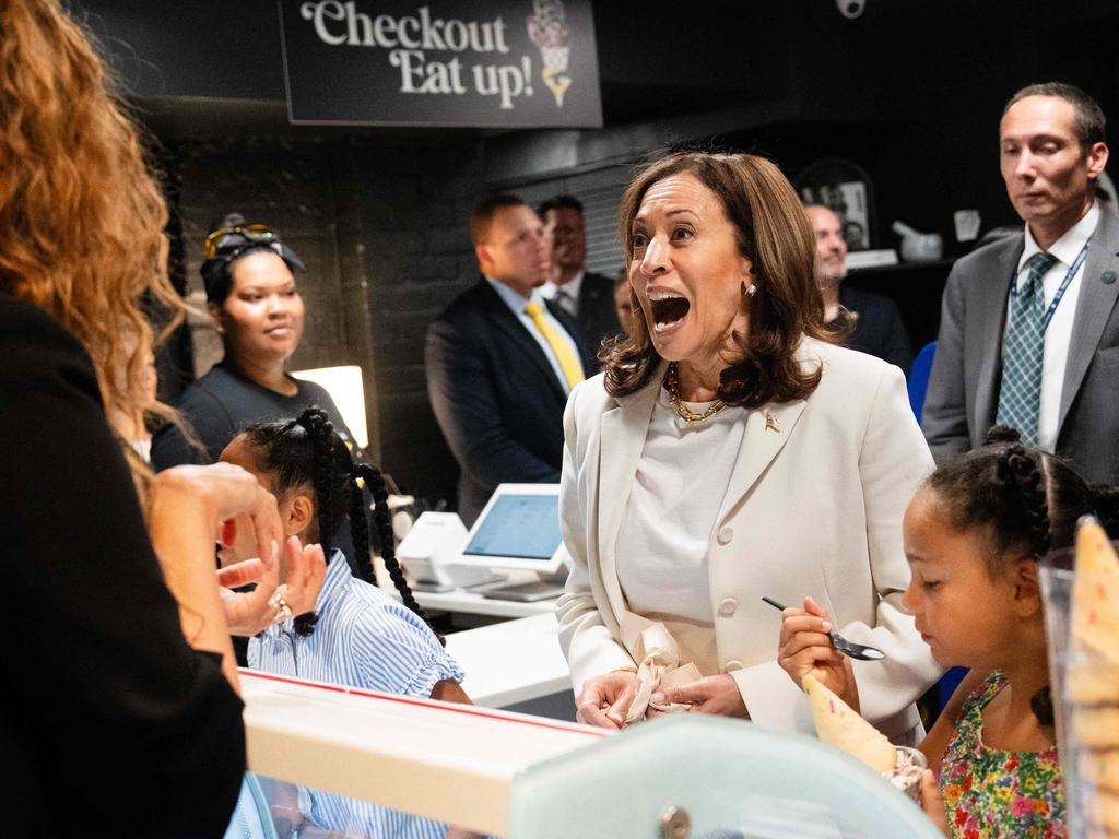 US Vice President Kamala Harris stops for ice cream at SMiZE and DREAM ice cream shop, owned by US model Tyra Banks (R), in Washington, DC. Picture: AFP