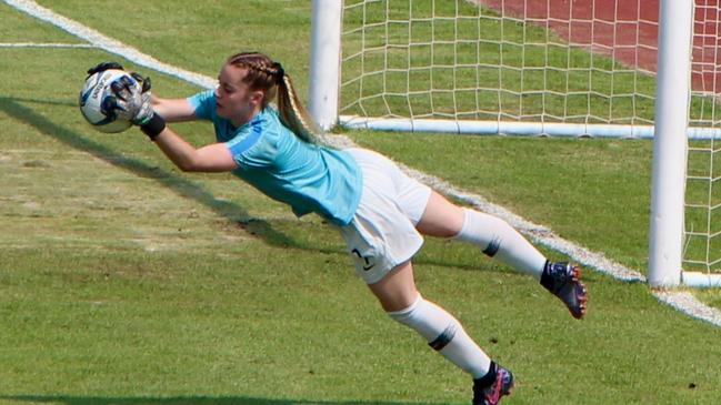 Chloe Carmichael in action for the Junior Matildas during a tour of Laos.