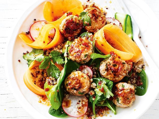 Spicy pork meatballs with carrot and coriander salad.