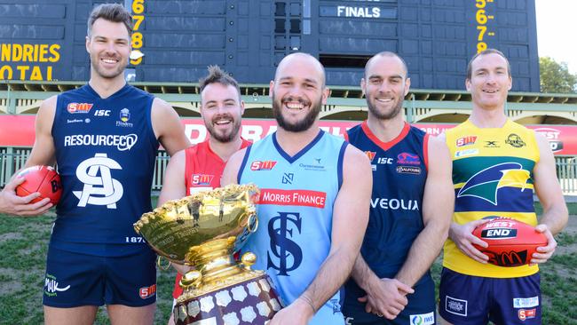 Club captains South Adelaide's Keegan Brooksby, North Adelaide's Max Thring, Sturt's Zane Kirkwood, Norwood's Jace Bode and Eagles Patrick Giuffreda with the Thomas Seymour-Hill trophy. Picture: Image/ Brenton Edwards