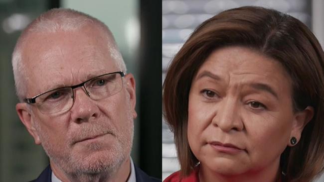 Former ABC chairman Justin Milne, left, and former managing director Michelle Guthrie, right, during last night’s Four Corners.