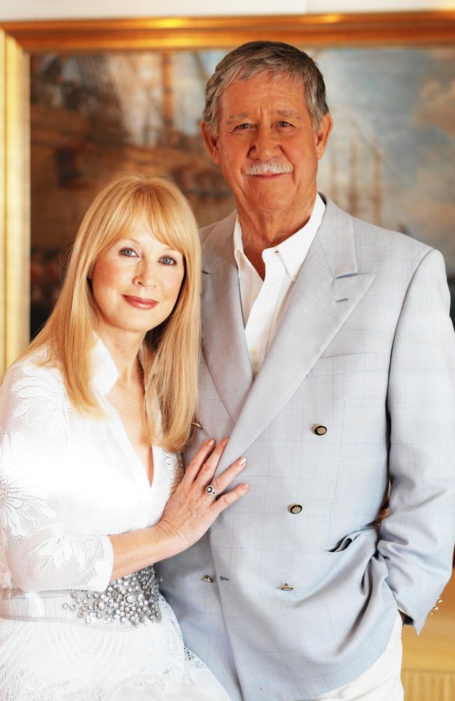 The late Reg Grundy with his wife Joy Chambers who is contesting a claim for the TV giant’s estranged daughter over his estate.