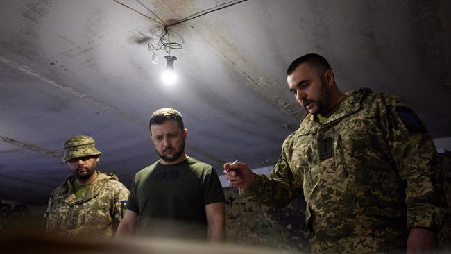 Ukrainian President Volodymyr Zelenskyy visiting the frontline positions of the Ukrainian military during a trip to the Zaporizhzhia region. Picture: AFP