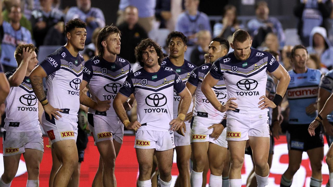 SYDNEY, AUSTRALIA - APRIL 27: Cowboys players react after a potential try during the round nine NRL match between Cronulla Sharks and North Queensland Cowboys at PointsBet Stadium on April 27, 2023 in Sydney, Australia. (Photo by Cameron Spencer/Getty Images)
