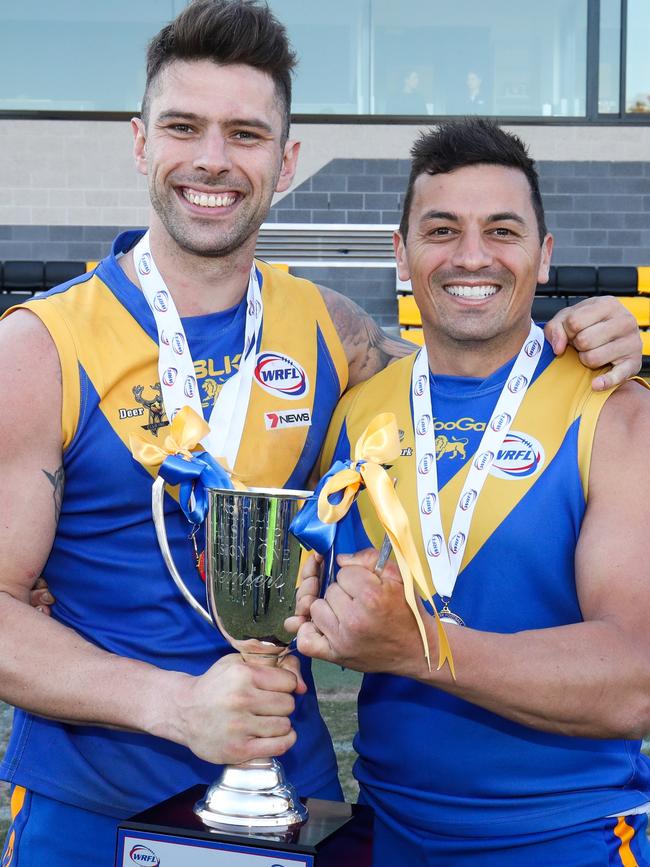 Chris Stewart and James Condos celebrate Deer Park’s 2018 flag. Picture: Local Legends Photography