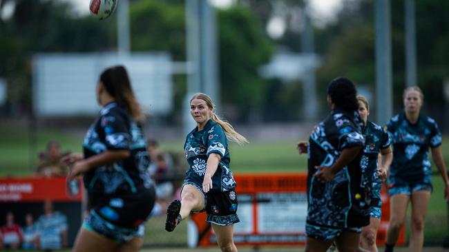 Meg Clohsey with a cross field kick for the Territory All Stars in the 2023 Deadly Cup Carnival. Picture: Pema Tamang Pakhrin