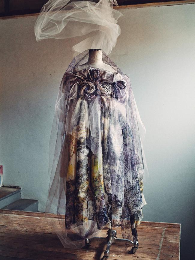 A dress with hand-coiled bustier and tulle overlay made from Isogawa’s archival fabric. Picture: James Tolich for Vogue Australia