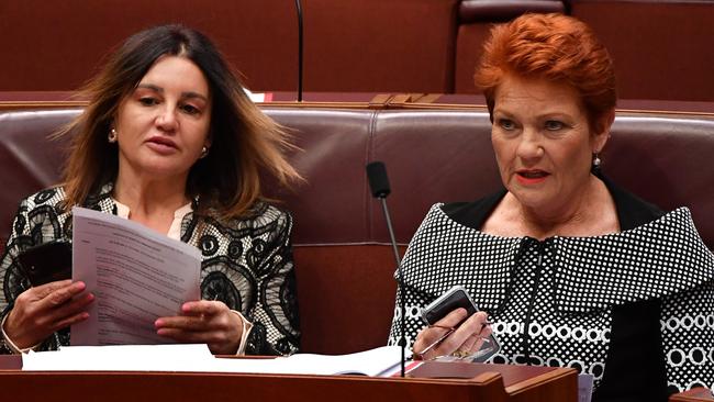 Jacqui Lambie, left, and Pauline Hanson have declared their support for the jobs plam. Picture: Mick Tsikas/AAP